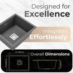 q-image Grey Quartz Single Bowl Kitchen Sink | 24x18x9 inches | Natural Grey Kitchen Sink | Matte Finish Under Counter Basin image 5