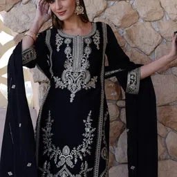 KALINI Women Embroidered Regular Pure Silk Kurta with Trousers & With Dupatta image 4