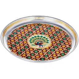 Exotic India Silver Toned & Brown Decorated Peacock Puja Thali-image-42