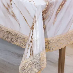 Stylista White & Brown Abstract Printed 8 Seater Table Cover With Lace Border image 4