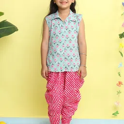 Sangria Girls Floral Printed Pure Cotton Sleeveless Kurti With Dhoti Pant-picture-28