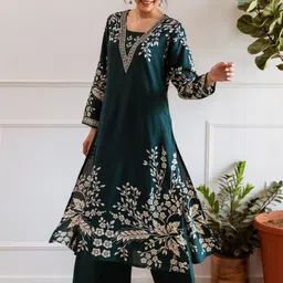 HERE&NOW Floral Printed Panelled Thread A-Line Work Kurta With Palazzos-picture-34