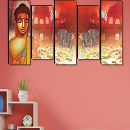 SAF Yellow & Orange 5 Pieces Wood Buddha Religious Wall Art-picture-22