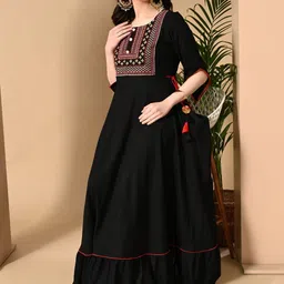 HERE&NOW Women Black Viscose Rayon Round Neck Embellished Anarkali Ethnic Dresses-picture-14