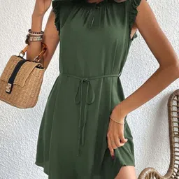 StyleCast Women Solid Round Neck Flutter Sleeve A-Line Mini Dress image 2