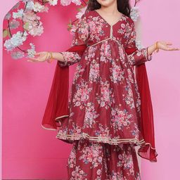 Bitiya by Bhama Girls Floral Printed Empire Gotta Patti Kurta with Sharara & With Dupatta-picture-31