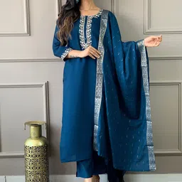 KALINI Women Floral Yoke Design Regular Thread Work Chanderi Silk Kurta with Trousers & With Dupatta image 3