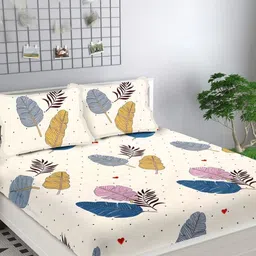 Homybees Elastic Fitted King Size Unisex Leaf Printed 220 TC Bedsheet with 2 Pillow Covers image 2