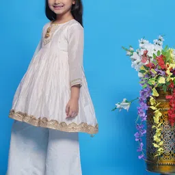 Little Bansi Girls Woven Design Chanderi Cotton A-Line Kurta With Palazzos & Dupatta image 5