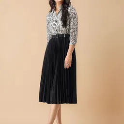 AASK Floral Print Puff Sleeve Belted Fit & Flare Midi Dress image 4