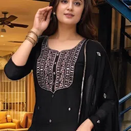 GoSriKi Floral Embroidered Thread Work Straight Kurta with Trousers & Dupatta image 4