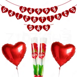 zyozique Red Valentines Day Decorations Combo Banner, Heart Foil Balloons (Pack Of 5)-picture-15