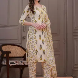 Jyoti Floral Printed Round Neck Pure Cotton Straight Kurta With Trousers & Dupatta image 3