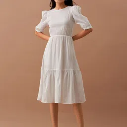 AASK Puff Sleeves Fit & Flare Midi Dress-image-1