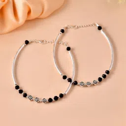 Sangria Set of 2 Silver Plated Black Artificial Beads Studded Anklet-image-24