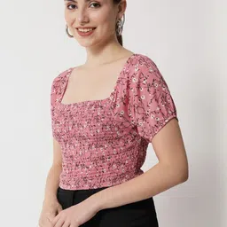 CORSICA Floral Print Smocked Crepe Crop Top image 3