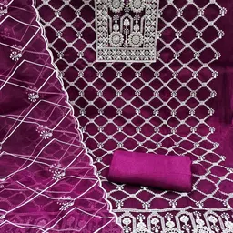 Panzora Floral Embroidered Thread Work Organza Unstitched Dress Material image 3