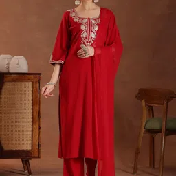 Libas Women Square Neck Ethnic Motifs Embroidered Kurta & Trouser With Dupatta-picture-15