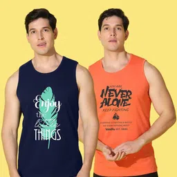 WOOSTRO Men Pack of 2 Typography Printed Round Neck Cotton Slim Fit Sports T-shirts image 5