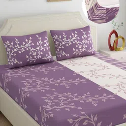 Dreamscape Purple & Off White Floral 140 TC King Bedsheet with 2 Pillow Covers-image-80