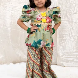 Fayon Kids Girls Floral Printed Puffed Sleeves Gotta Patti Peplum Kurti With Palazzos image 4