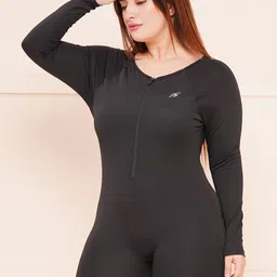 keepfit Women's one pc full Sleeve Plus Size Swimming Legsuit with Front Zipper Solid Women Swim-dress Black Swimsuit image 3