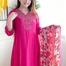 KALINI Women Embroidered Regular Thread Work Pure Cotton Kurta with Palazzos & With Dupatta image 2