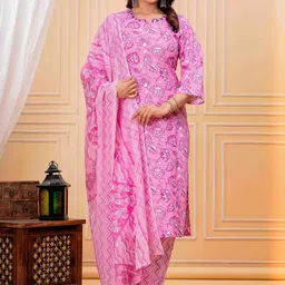 Terizla Women Floral Printed Regular Pure Cotton Kurta with Trousers & With Dupatta-picture-46