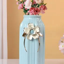 Myntra Elegant Homes Light Blue & White Floral Harmony Ceramic Vase-picture-25