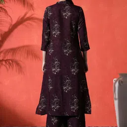 Sangria Floral Printed Mandarin Collar A-Line Kurta With Palazzos image 3