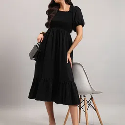Raiyani Fashion Puff Sleeve Crepe A-Line Midi Dress-image-58