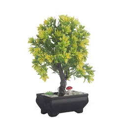 Yellow Plastic And Polyester Blend 3 Branched Greenish Yellow Leaves Bonsai Tree With Pot By Foliyaj image 4