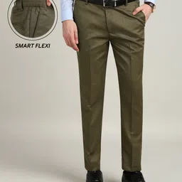 Men Slim Fit Dark Green Polyester Trousers-image-0