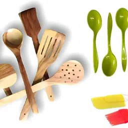 woodenstck Wooden SpoonSet Of 7 With Plastic Small SpoonSet of 6 With Silicone BrushSpatula Wooden, Silicone, Plastic Serving Spoon, Table Spoon, Dessert Spoon Set-picture-17