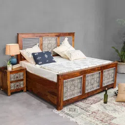 fabuliv Felice Sheesham Wood Queen Size Bed in Dual Tone Finish with Box Storage image 1