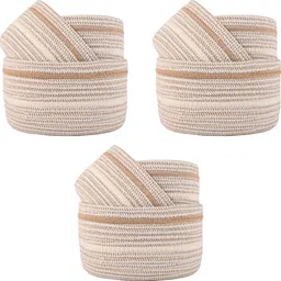 Cotton (Set of 9) Aesthetic Foldable Rope Basket for Storage | GM-29-KH | Khaki+White Storage Basket-image-70