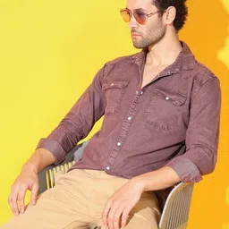 double one Men Regular Fit Washed Spread Collar Casual Shirt-picture-14