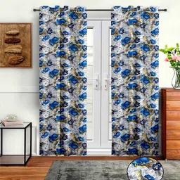 cortina Blue Polyester Floral 7ft Semisheer Eyelet 2 Pc Door Curtains image 1