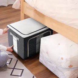 Foldable 66L Cloth Storage Bags Organizer Container | Foldable Metal Frame Basket with Clear Window, Carry Handles & Sturdy Zipper for Closet, Bedding Bag (Alloy Steel;Metal) image 2