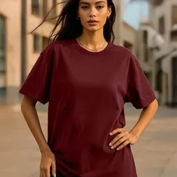 juneberry Oversized Women Solid Round Neck Pure Cotton Maroon T-Shirt-picture-14