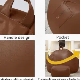 Bean Bag Chair with Footrest & Cushion with Beans Filled | 3XL Faux Leather Bean Bag Sofa for Adults & Kids | Pocket Design, Easy to Carry, Double Stitching - (Tan, with Stool) image 4