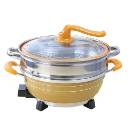 Non Stick 2 in 1 Steamer Boat with Removable Steaming Compartment | Electric Multi-Cookers | Electric Frying Pan with Glass Lid | Wok Skillet Pan | Momo Steamer image 2