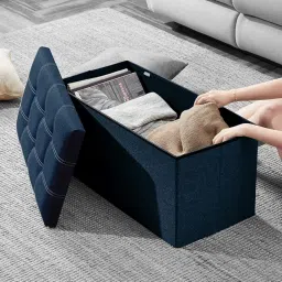 Folding Storage Ottoman, Long Shoes Sofa Bench, Fabric Linen Footrest Stool for Laundry, Storage Space, End of Bed Seat, Toys Storage Organizer Bin Box with Lidded Cover (76X38X38 CM, Blue) image 5