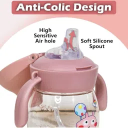 Smiley mia Baby Bite Resistant Soft Silicone Straw Sipper Cup with Handle with Weighted Straw | Sippy Cup with Anti Spill Lock | BPA Free, 6m+, 350 ml (Baby Pink) image 2