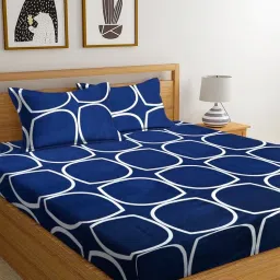 Luxury Trends Premium Cotton 220tc Fitted Bedsheets with 2 Pillow Covers | Double King Bed with All Around Elastic Supersoft Breathable Longlasting |Size-78 x72+10 inches | Oval Pattren, Navy Blue image 3