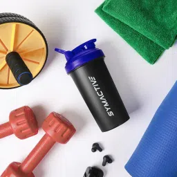 Amazon Brand - Symactive Leakproof Unbreakable Sports Shaker Bottle with Strainer, Anti Odour Large Spout, Flip Lid & Handle, BPA-Free (Color: Black/Blue, 700 ml),Plastic image 1