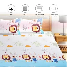 Famyo King Size Bed Sheet Cotton Set for Kids – 3pc Bedding Combo with Fitted Bedsheet & 2 Pillow Covers with Zip | Bedsheet for Girls | Gift for Kids (Sky Blue Lion) image 4