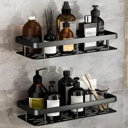 Shynora 2-Pack Shelf Adhesive Multipurpose Kitchen-Bathroom Storage Organizer Rack Shelf Wall Mounted (No Drilling) Bathroom Accessories Coated Finish - Blacks image 2