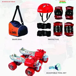 JJ JONEX Unisex Tenacity Adjustable Rollerderby Wheel Skates Combo (Skates+Helmet+Knee Pad+Elbow Pad+Gloves+Key+Bag) Suitable for Age 6-11 (Medium), Red image 1