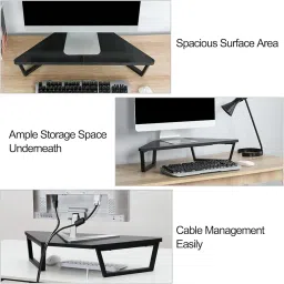 OGFC 58191 Triangle Monitor Stand Riser-26 inch, Desktop Corner Shelf with Metal Leg Wood Computer Stand with Storage Laptop Riser Office Organization - Black image 3